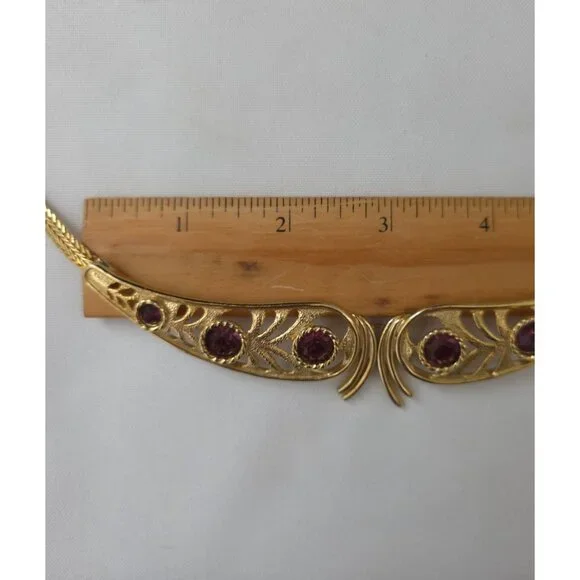 Vtg Gold-Tone Hollywood Regency Statement Necklace w/ Garnet Colored Gemstones - Picture 5 of 5